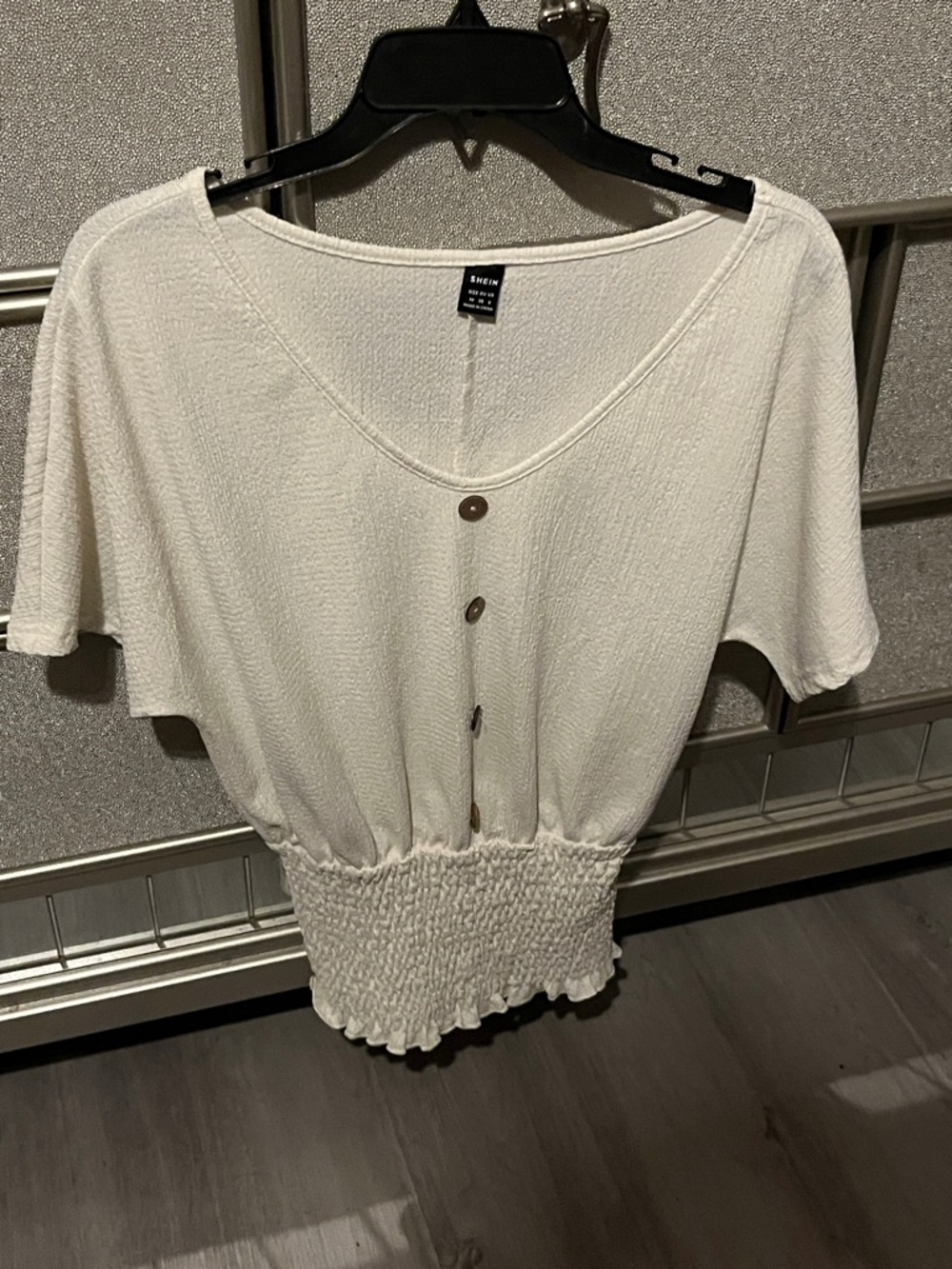 SHEIN Cream Short-Sleeve Button-Front Smocked Crop Top